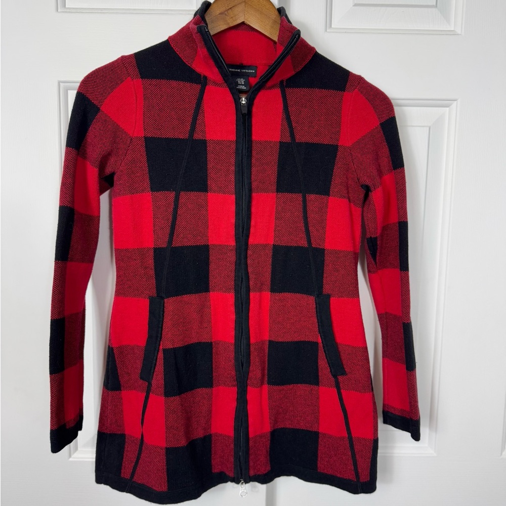 ADRIENNE VITTADINI‎ Red & Black Buffalo Plaid Zip Sweater Jacket Size XS